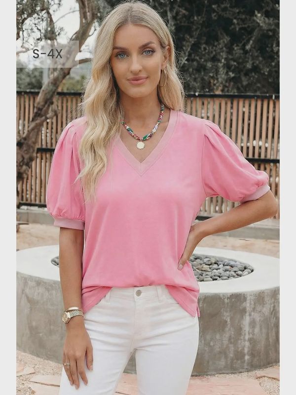 Plus Size Solid Color V Neck Short Puff Sleeve Blouse