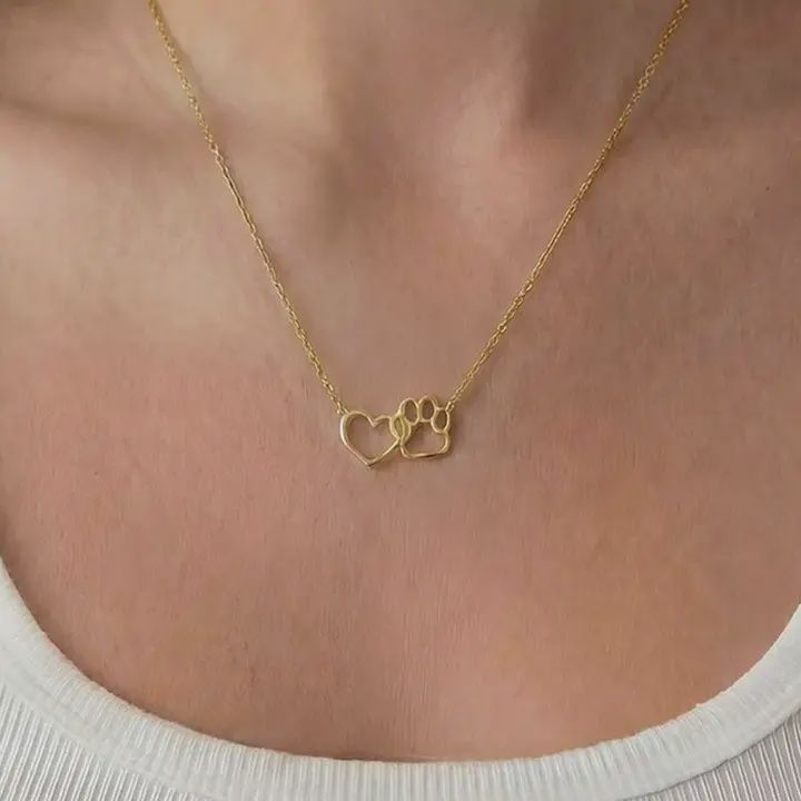 Dog Paw Heart Cutout Pendant Necklace, Color: Gold