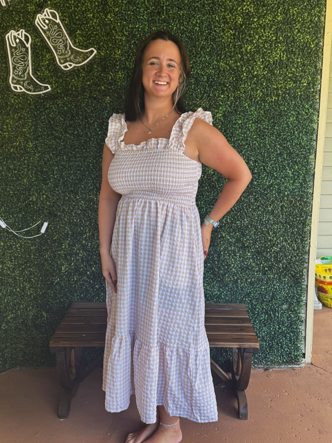 Gingham Smocked Maxi Dress Square Neck Summer, Size: Small