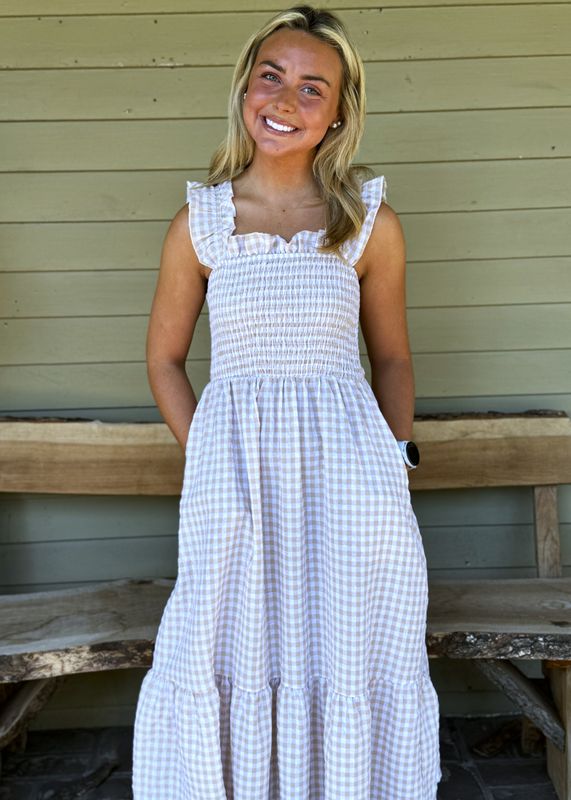 Gingham Smocked Maxi Dress Square Neck Summer
