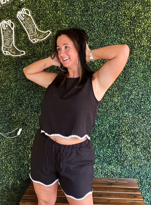 Black Crochet Trim Sleeveless Top and Shorts Summer Set