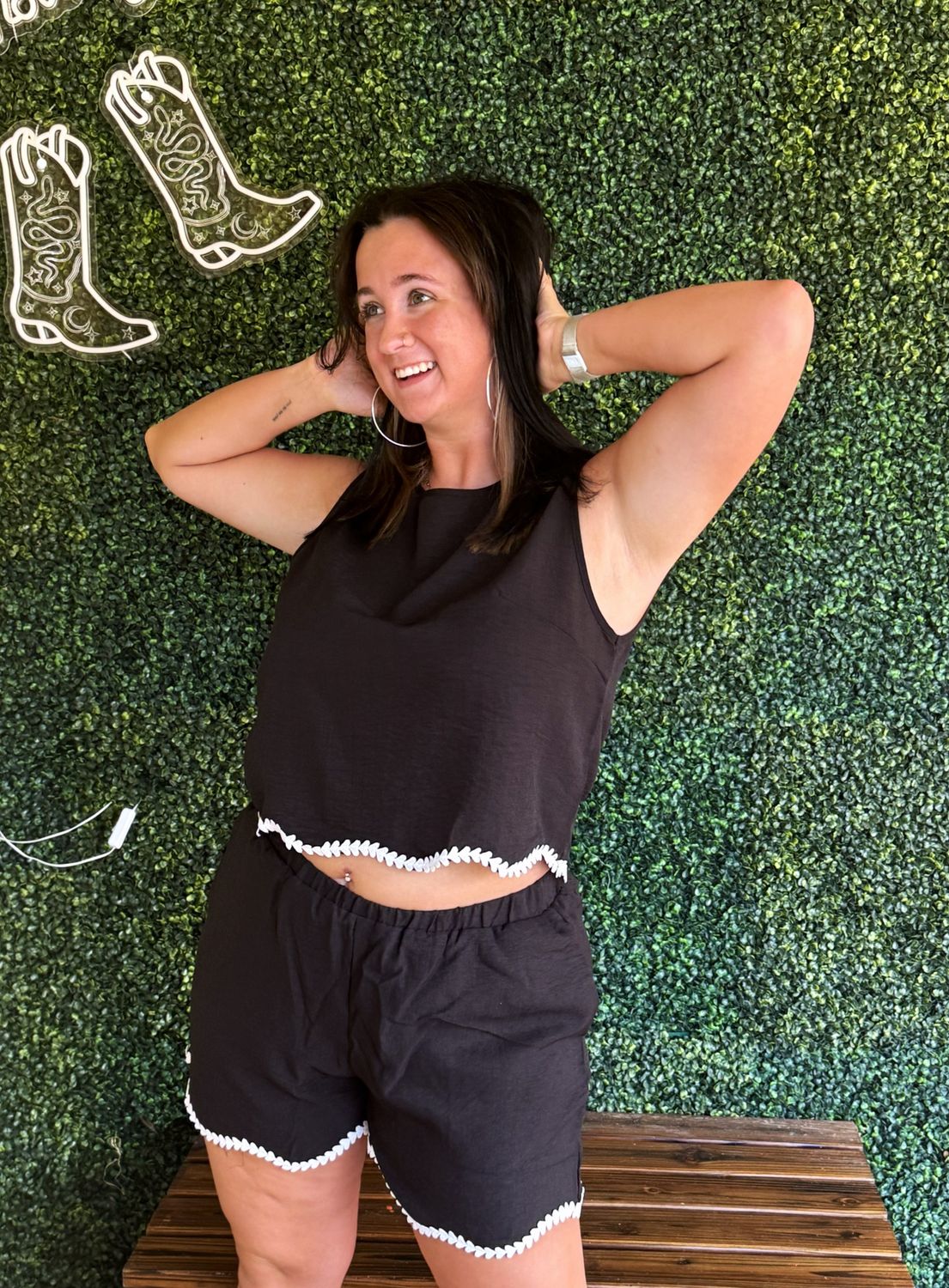 Black Crochet Trim Sleeveless Top and Shorts Summer Set, Size: Small