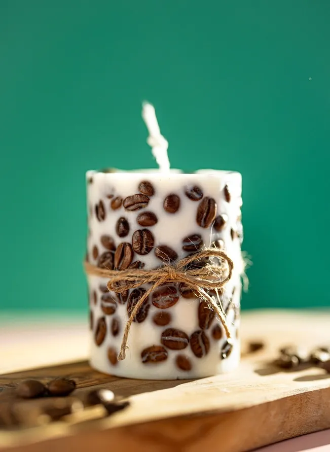 Handcrafted Coffee Bean-Wrapped Pillar Candle