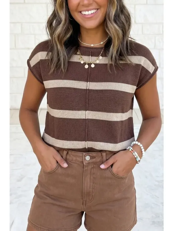 Brown Striped Short Sleeve Knit Western Sweater