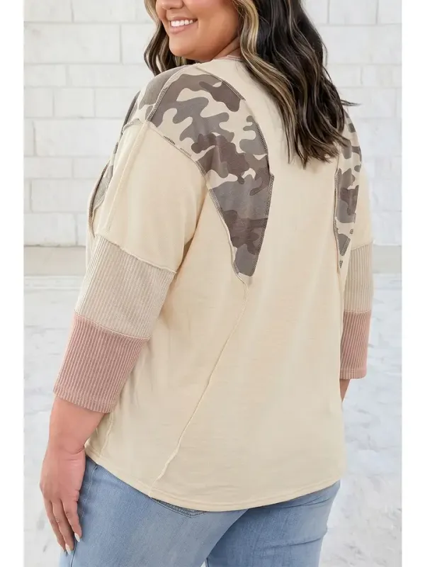 Panel Twist Rib Sleeve Round Neck Loose Fit Blouse