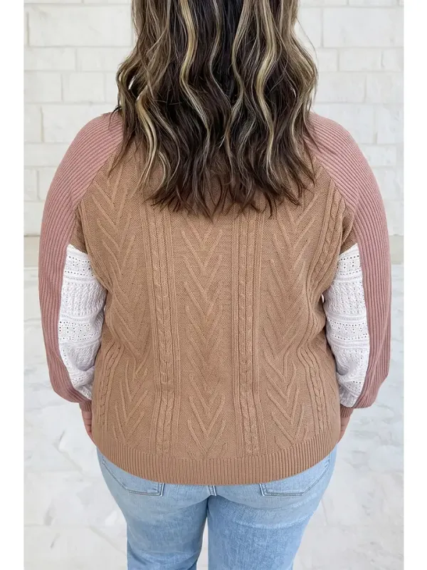 V Neck Lace Sleeve Patchwork Plus Size Blouse