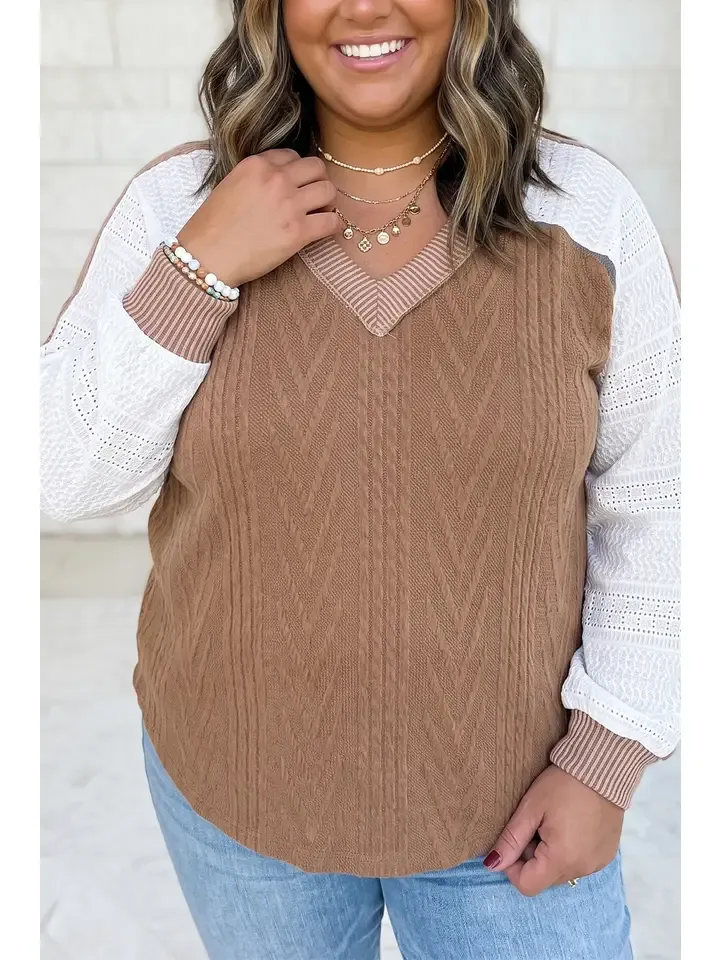 V Neck Lace Sleeve Patchwork Plus Size Blouse, Size: 1X-Large