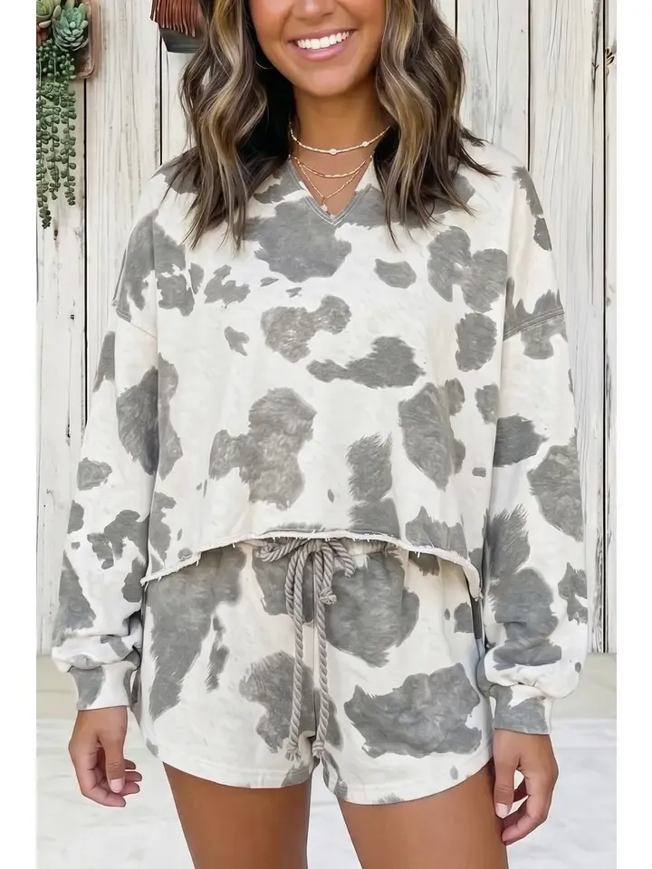 Western Print Long Sleeve Casual Two Piece Pants Set, Size: Small