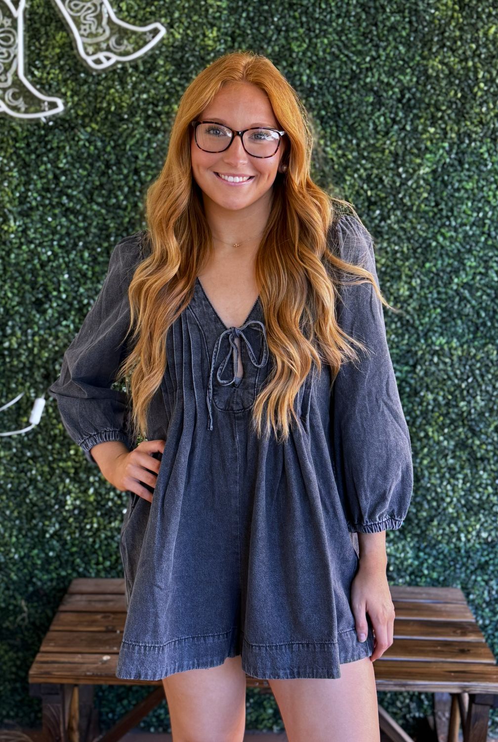 V-Neck Puff Sleeve Denim Romper, Size: Small