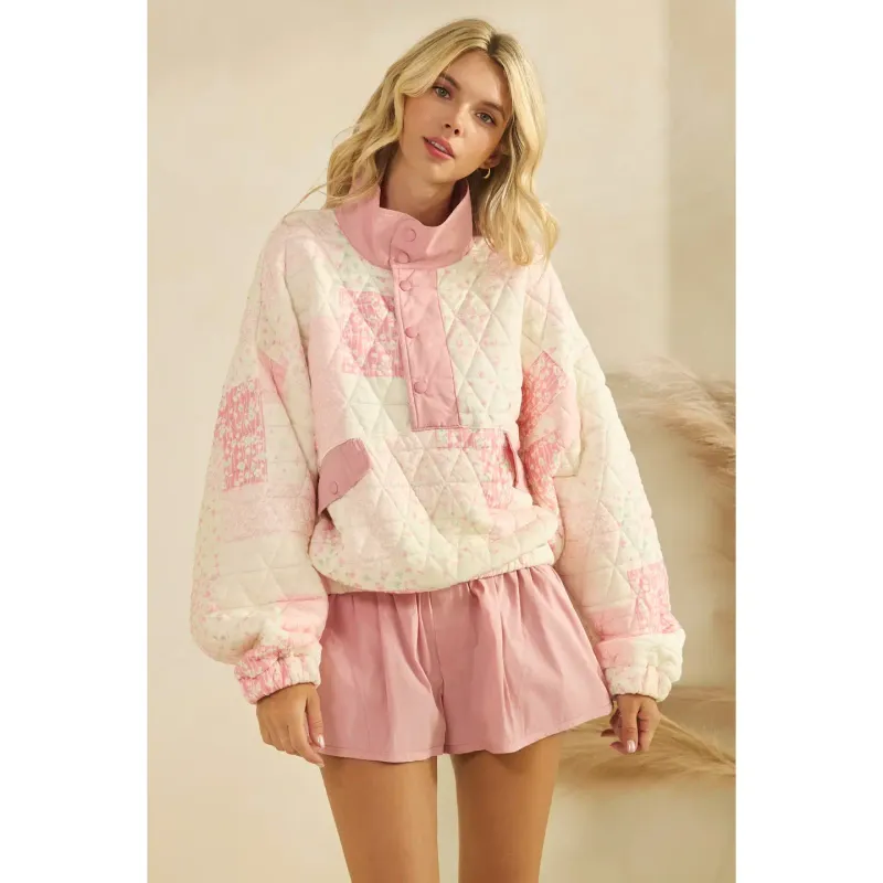 Textured Contrast Printed Quarterzip Sweater