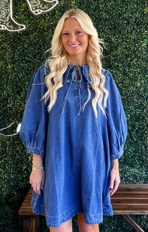 V Neck Tie Ruffle Collar Denim Dress