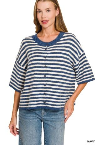 Striped Wool Blend Short Sleeve Cardigan Sweater