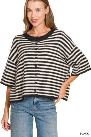 Striped Wool Blend Short Sleeve Cardigan Sweater, Color: Black, Size: Small/Medium