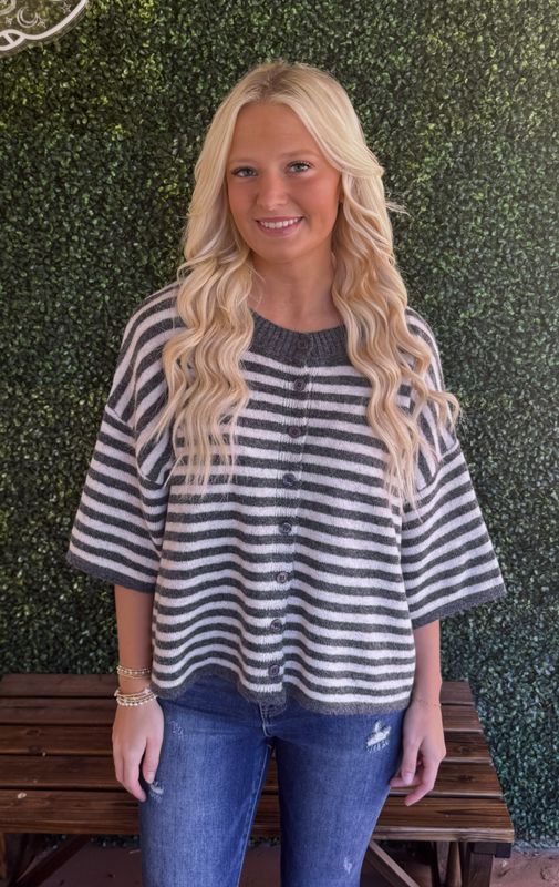 Striped Wool Blend Short Sleeve Cardigan Sweater