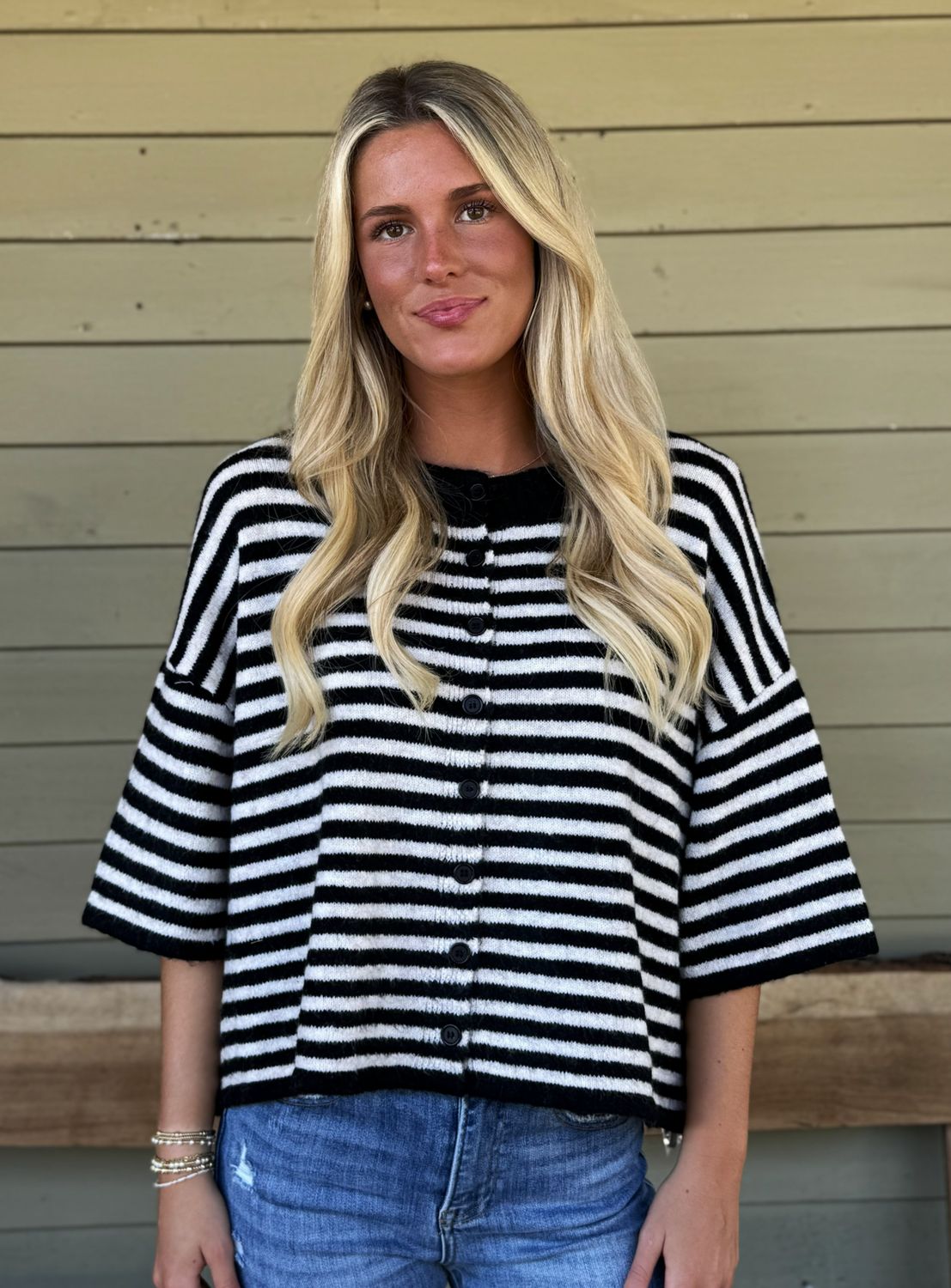Striped Wool Blend Short Sleeve Cardigan Sweater, Color: Black, Size: Small/Medium