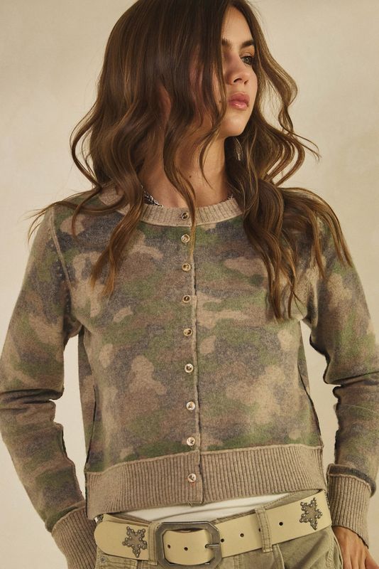 Camo Button‑Front Cardigan