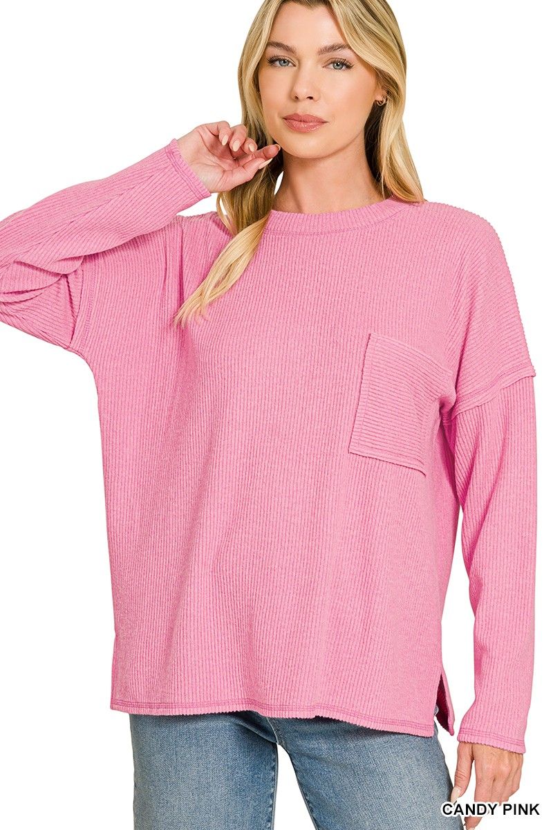 Ribbed Brushed Melange Hacci Sweater With A Pocket, Color: Pink, Size: Small