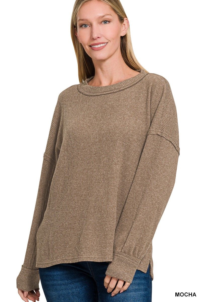 Brushed Ribbed Hacci Drop Shoulder Sweater, Color: Mocha, Size: Small/Medium