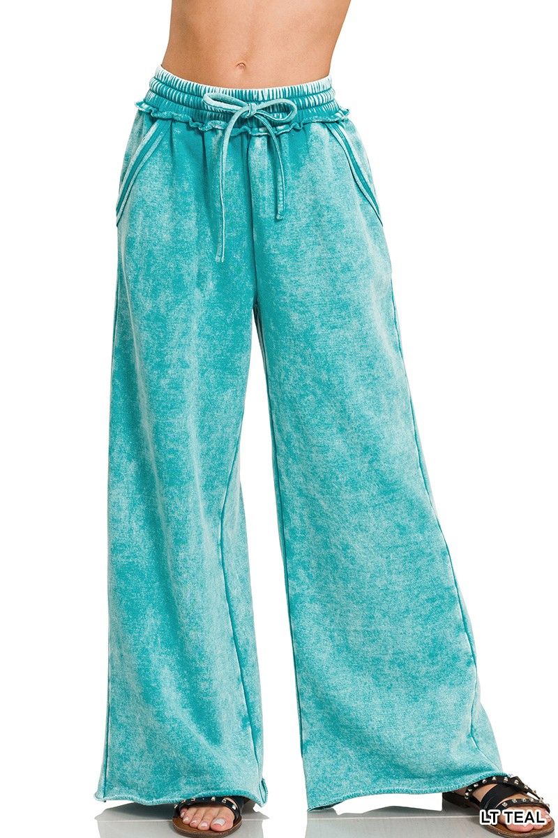 Acid Wash Fleece Palazzo Sweatpants With Pockets, Color: Teal, Size: Small