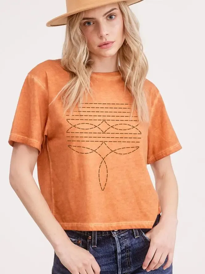 Cowboy Boots Toe Stitch Graphic S/S Lunar Dye Faux Crop, Size: Small