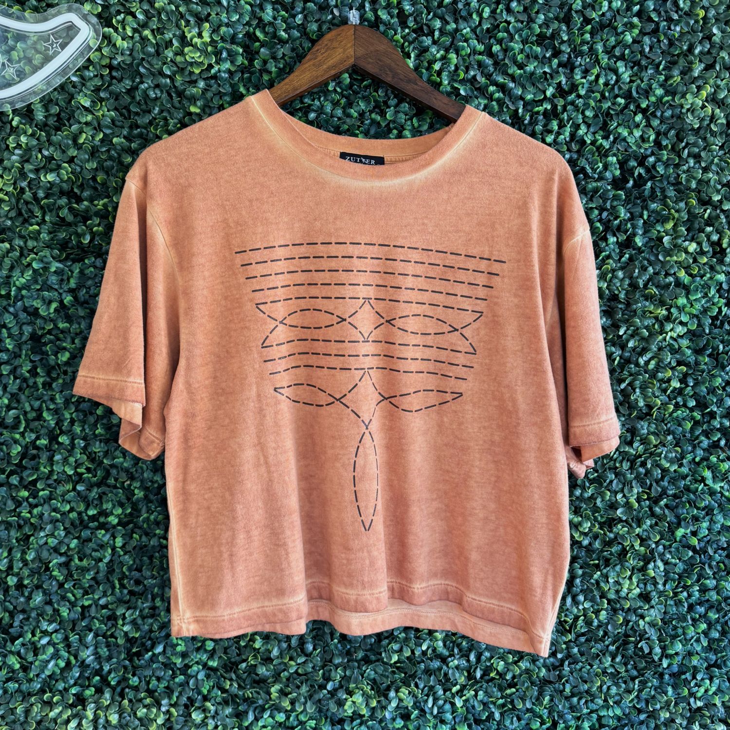 Cowboy Boots Toe Stitch Graphic S/S Lunar Dye Faux Crop, Size: Small