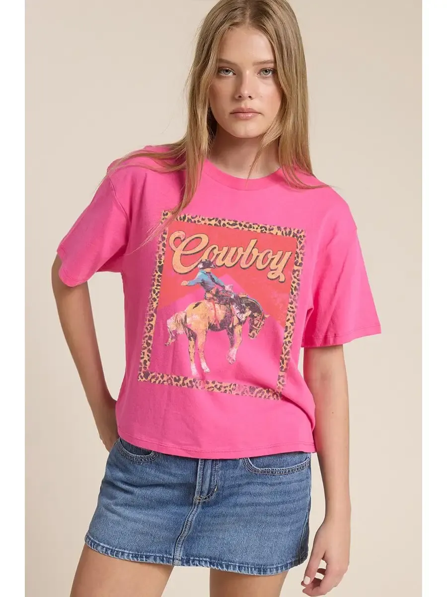 Cowboy Leopard Frame Graphic Premium Cotton Faux Crop Tee, Size: Small