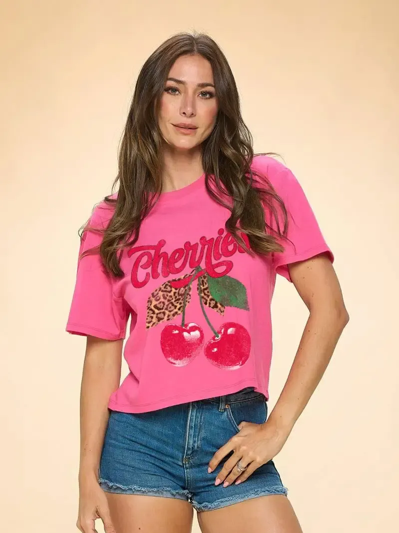 Cherries Leopard Graphic Premium Cotton Faux Crop Tee, Size: Small