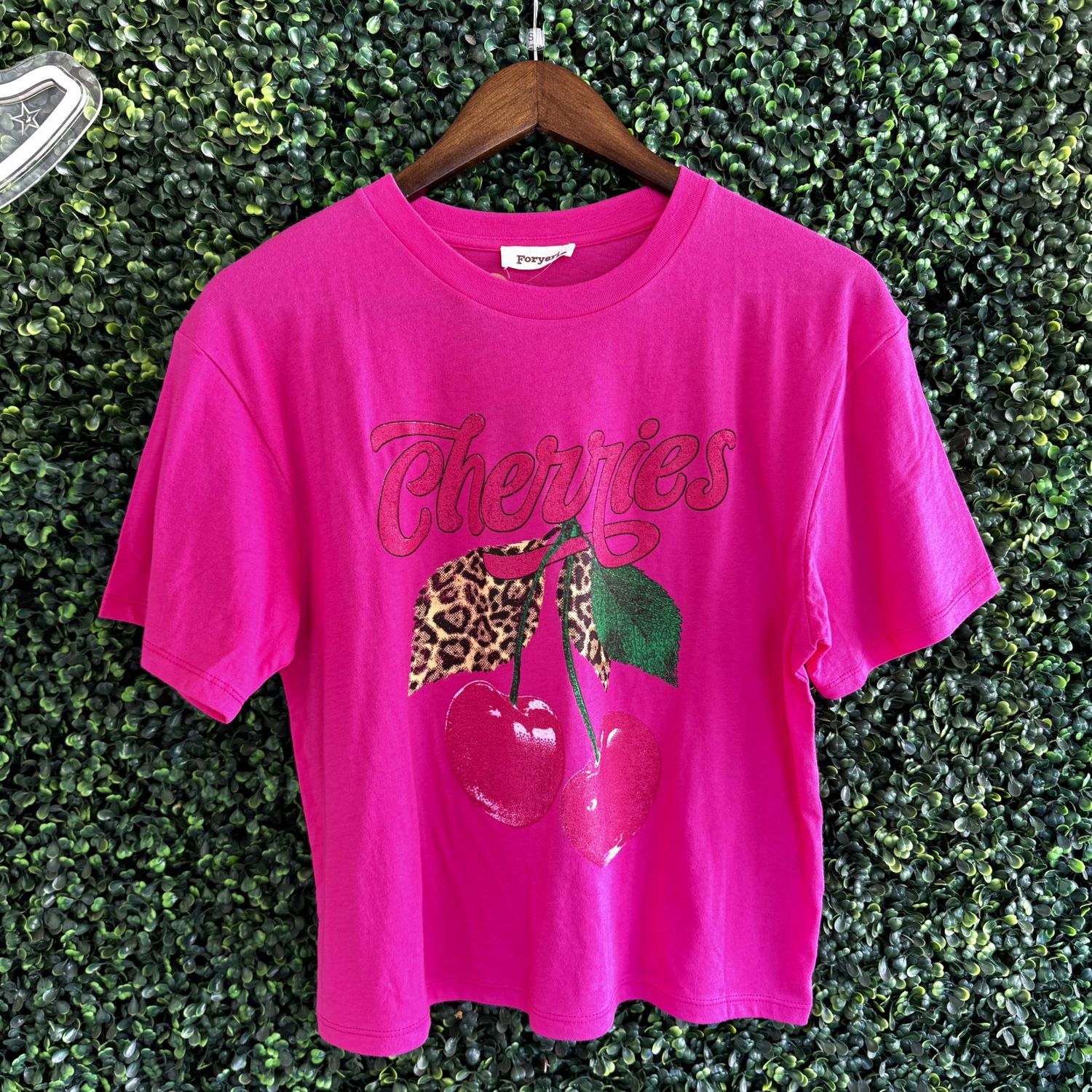 Cherries Leopard Graphic Premium Cotton Faux Crop Tee, Size: Small