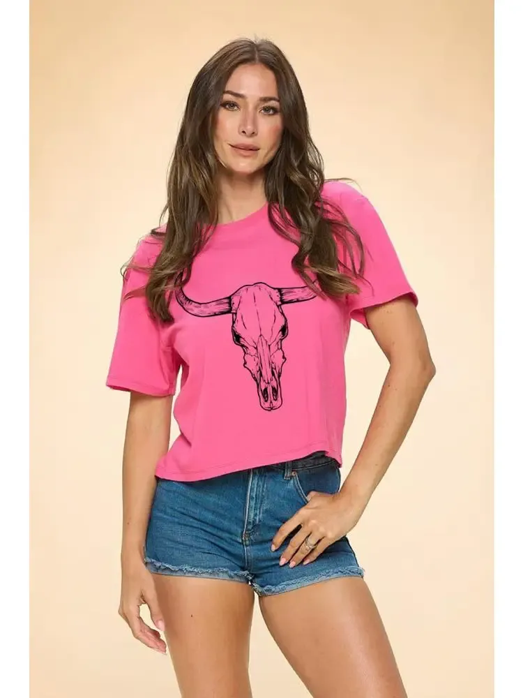 Vintage Longhorn Graphic Premium Cotton Faux Crop Tee, Size: Small