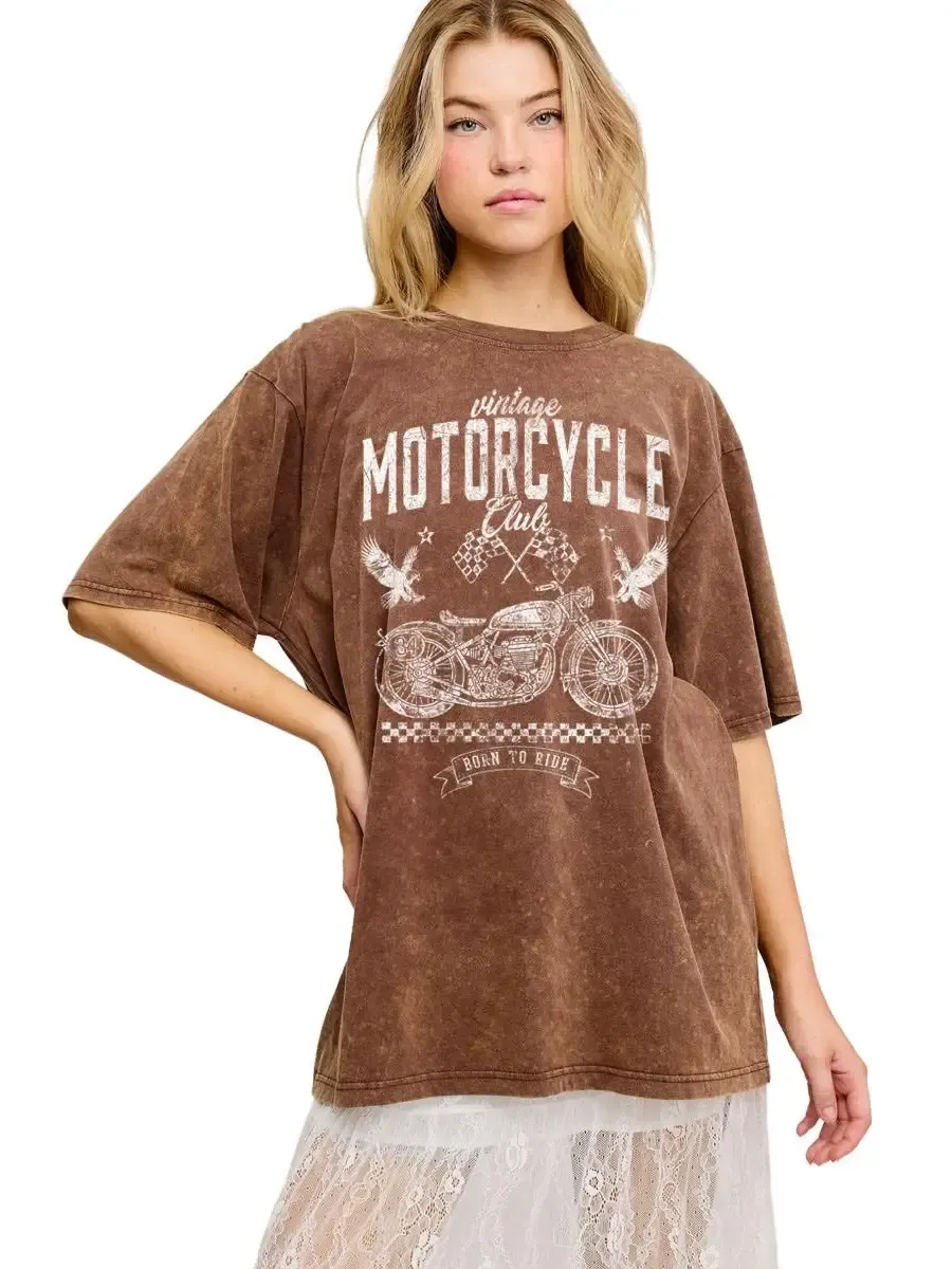 Motorcycle Club Vintage Graphic S/S Washed Boyfriend Tee, Size: Small