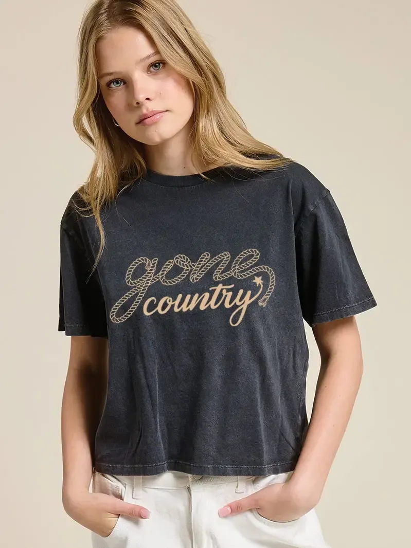 Gone Country Western Graphic S/S Washed Faux Crop Top, Size: Small