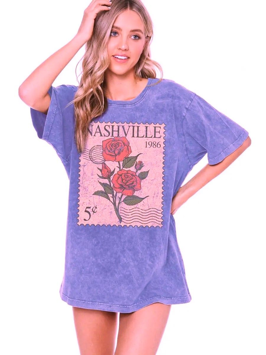 Nashville Postage Stamp Graphic S/S Washed Boyfriend Tee, Size: Small