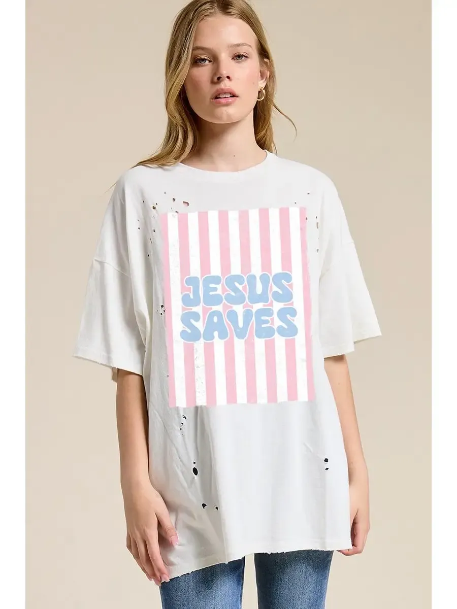 Jesus Saves Graphic S/S Oversized Seamless Tee, Size: Small
