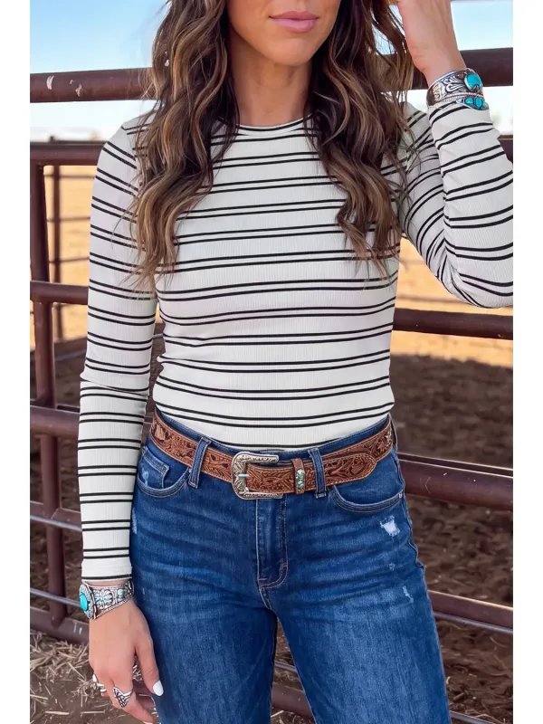 Stripe Ribbed Knit Round Neck Long Sleeve Top