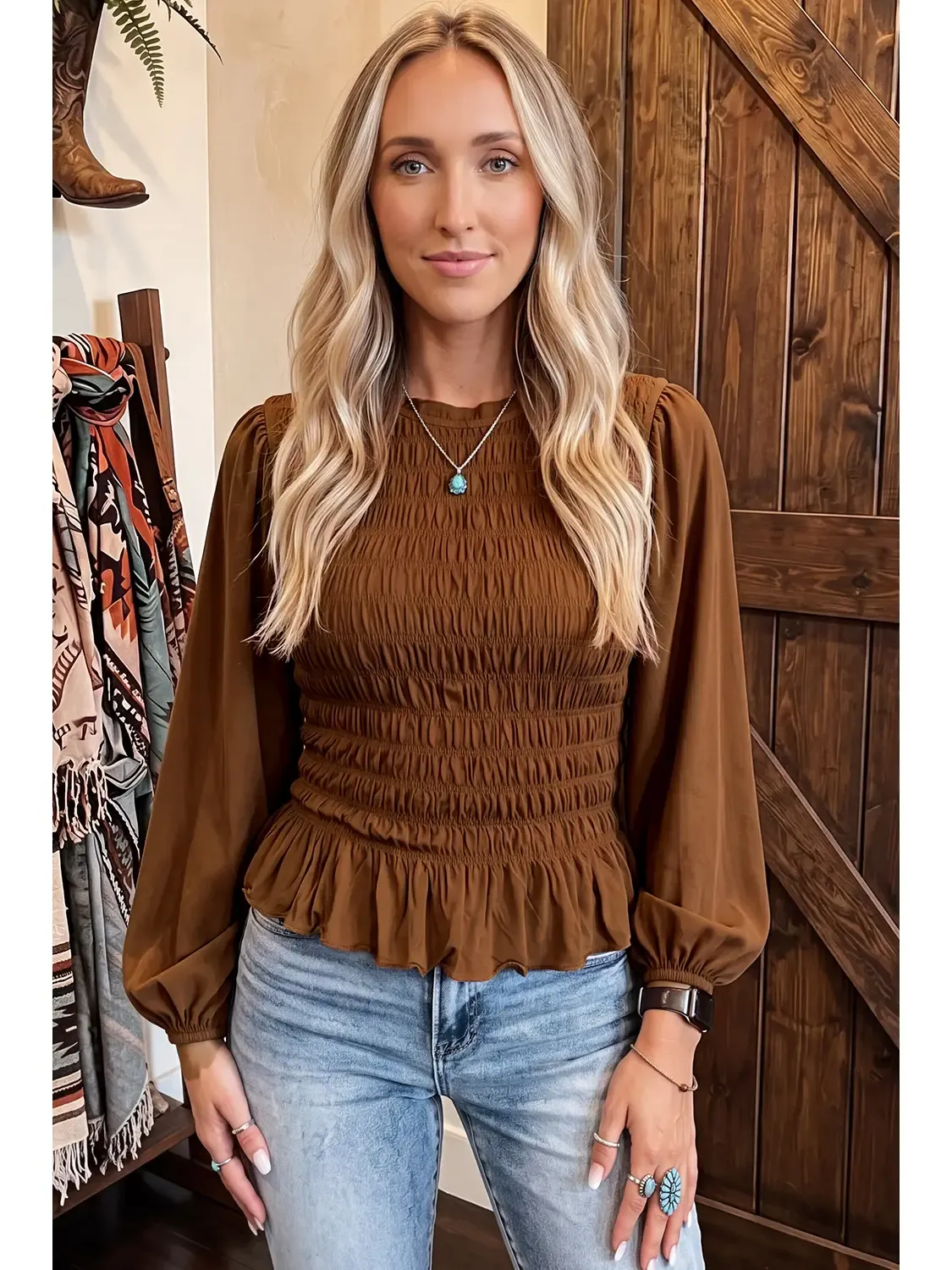 Western Solid Color Smocked Ruffle Hem Long Sleeve Blouse, Size: Small