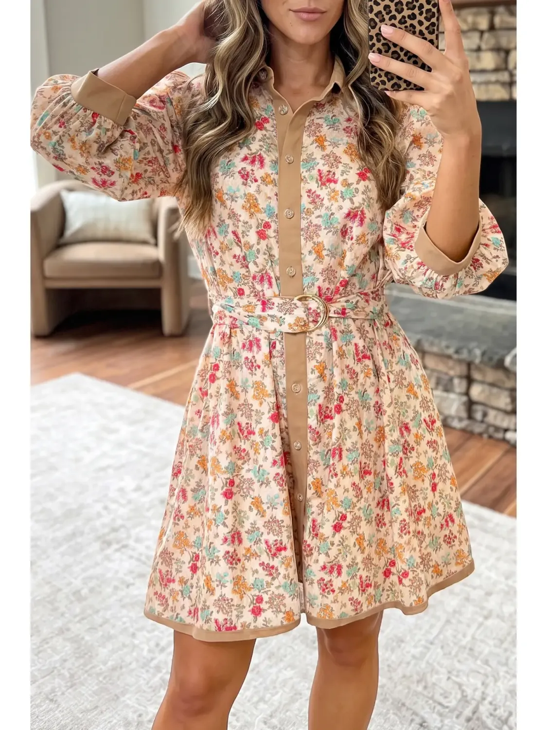 Floral Print Color Block Trim Button Down Belted Mini Dress, Size: Small