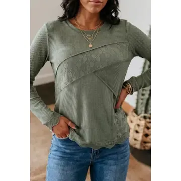 Solid Color Waffle Ribbed Lace Patchwork Long Sleeve Top, Size: Small