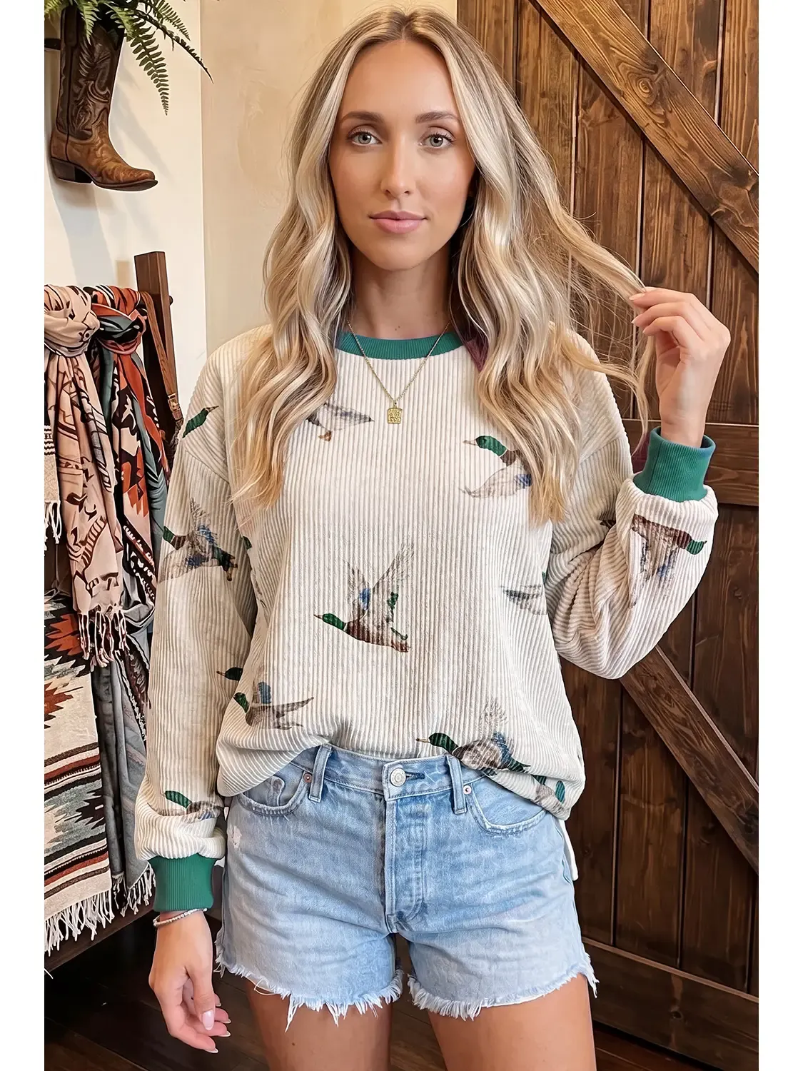 Twisted Ribbed Mallard Duck Pullover Sweatshirt, Size: Small