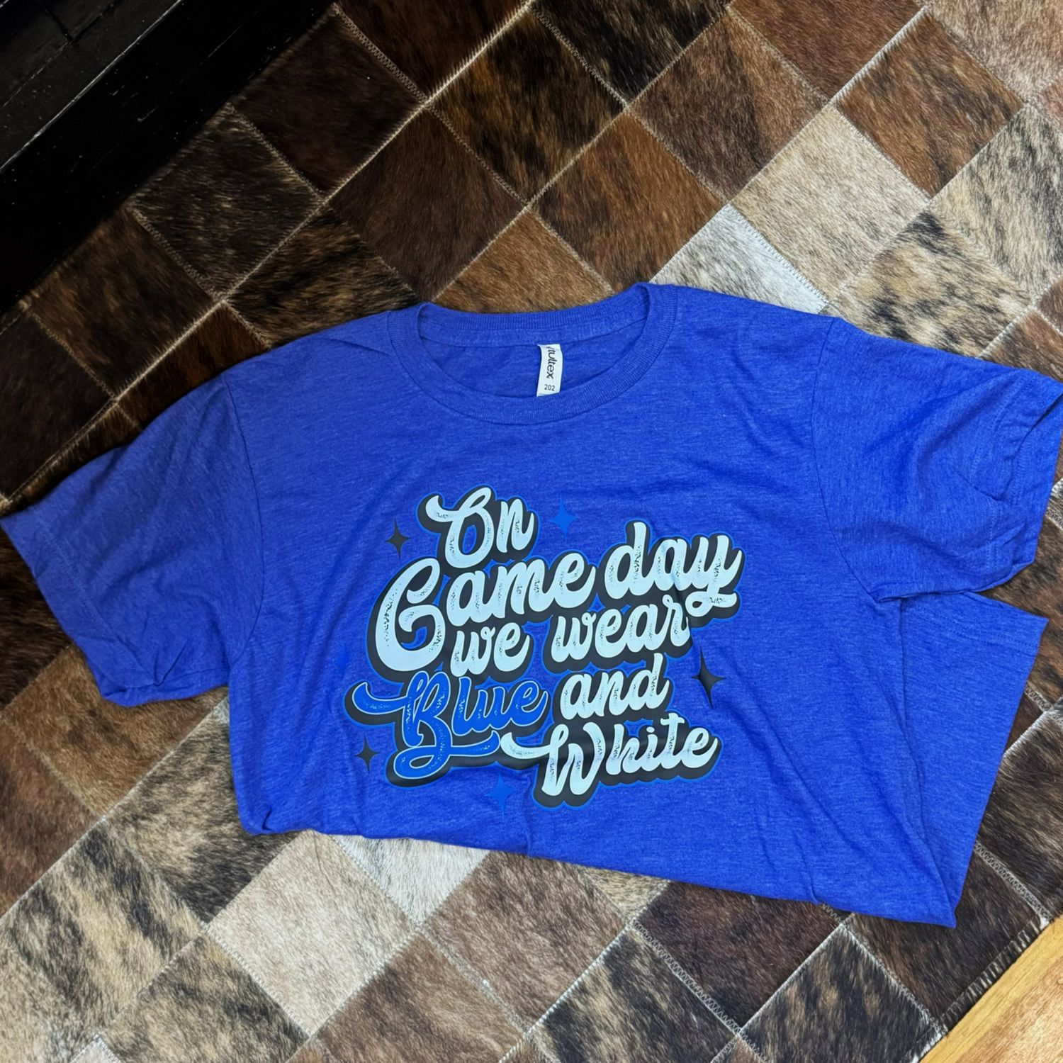 On Gameday We Wear Blue and White Tee, Size: Small