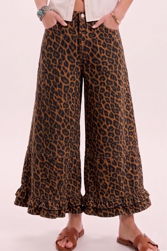 Ruffle Washed Leopard Wide Leg Denim