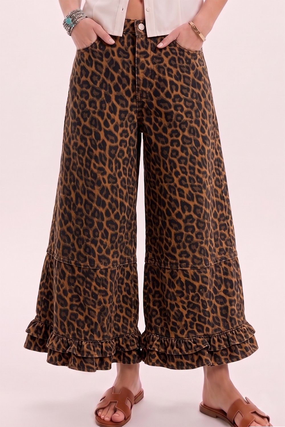 Ruffle Washed Leopard Wide Leg Denim, Size: Small