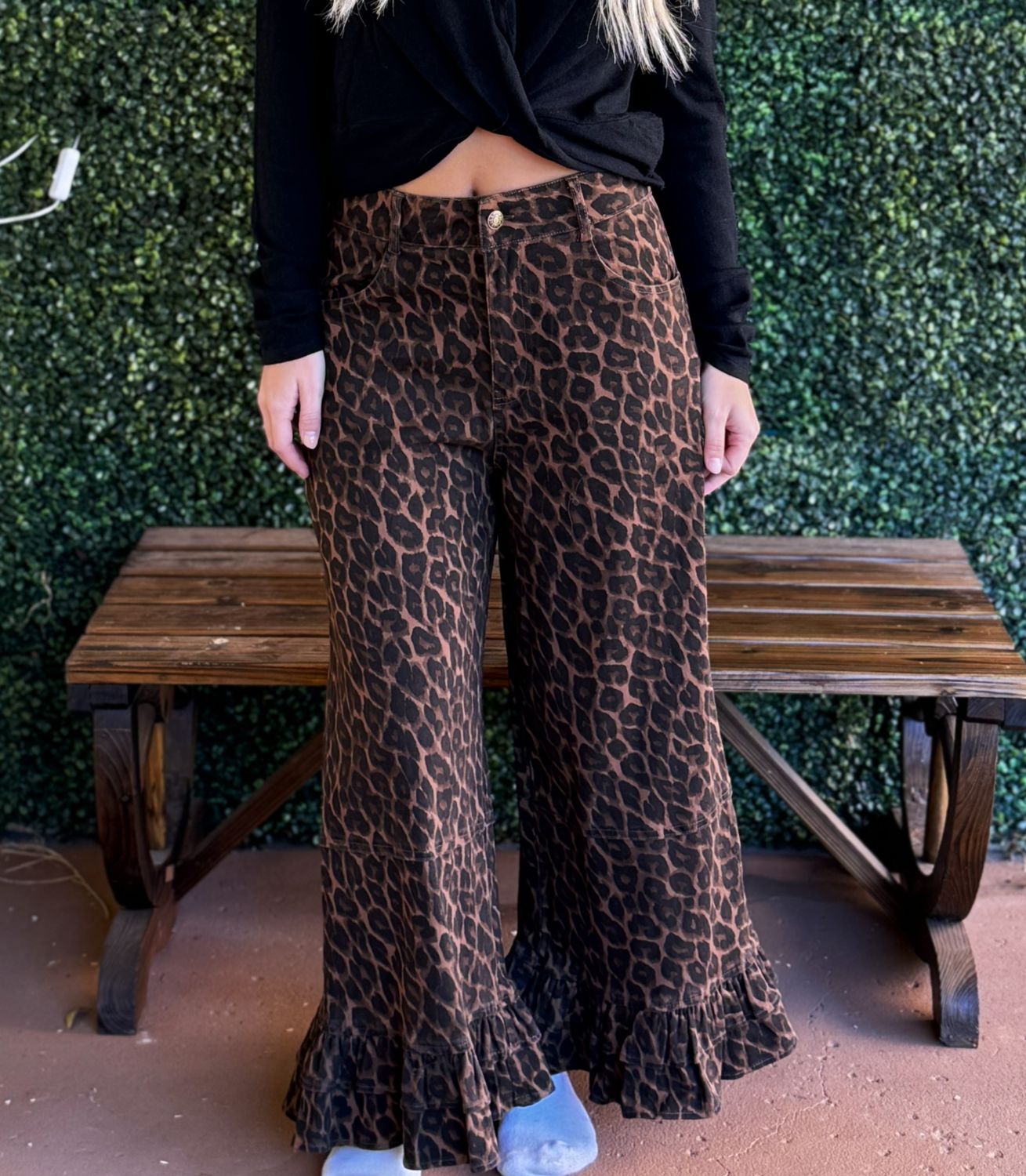 Ruffle Washed Leopard Wide Leg Denim, Size: Small