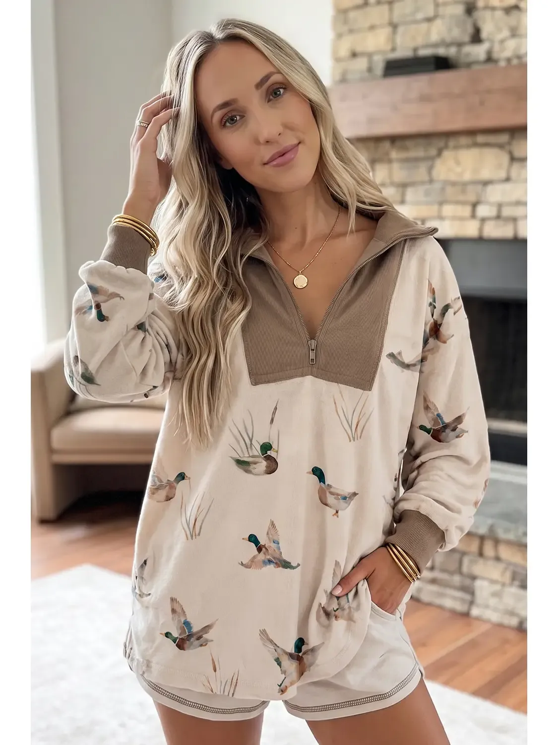 Wild Mallard Duck Print Color Block Patchwork Zip Neck Top, Size: Small