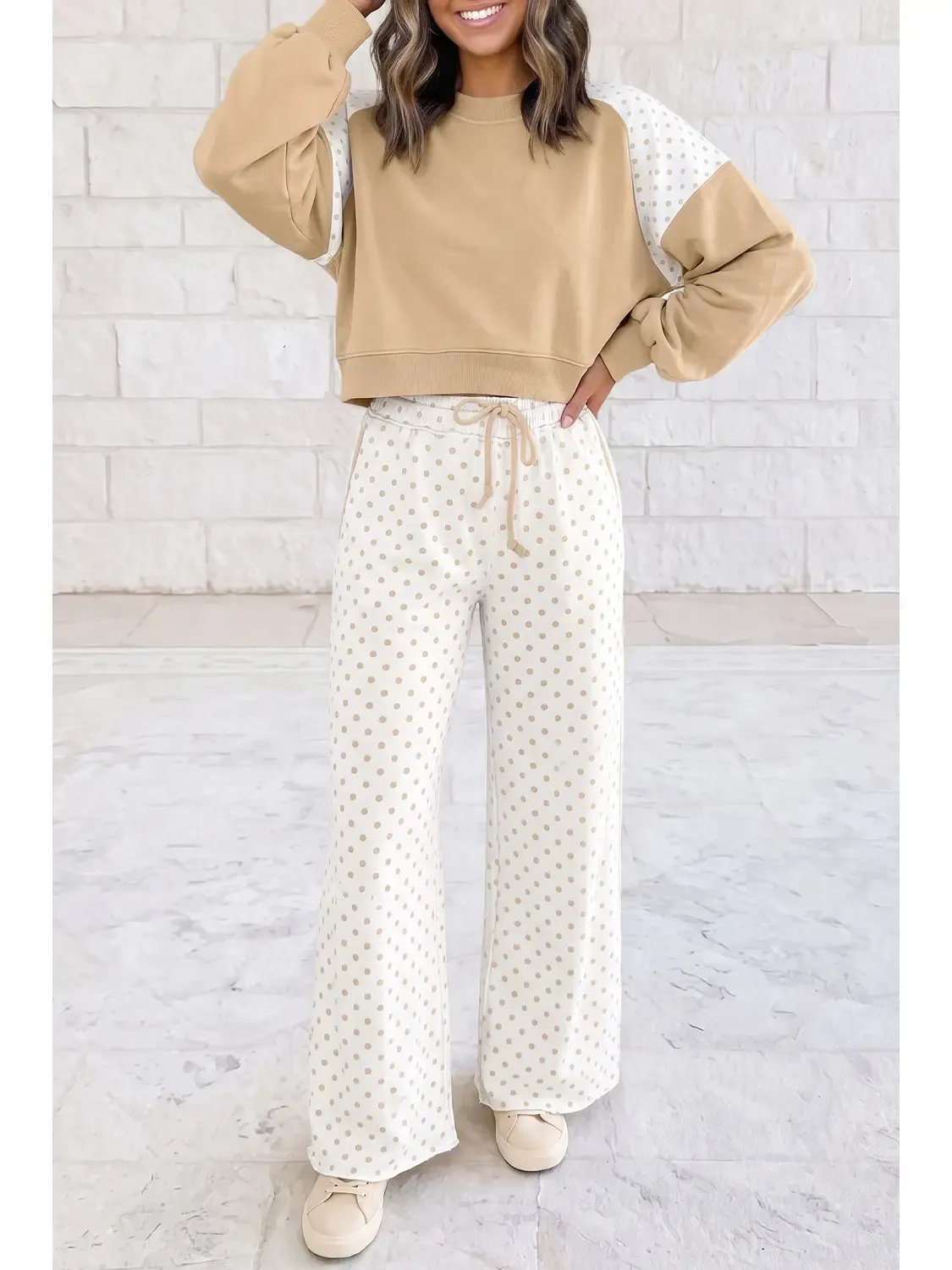 Polka Dot Patchwork Long Sleeve Casual Two Piece Set, Size: Small