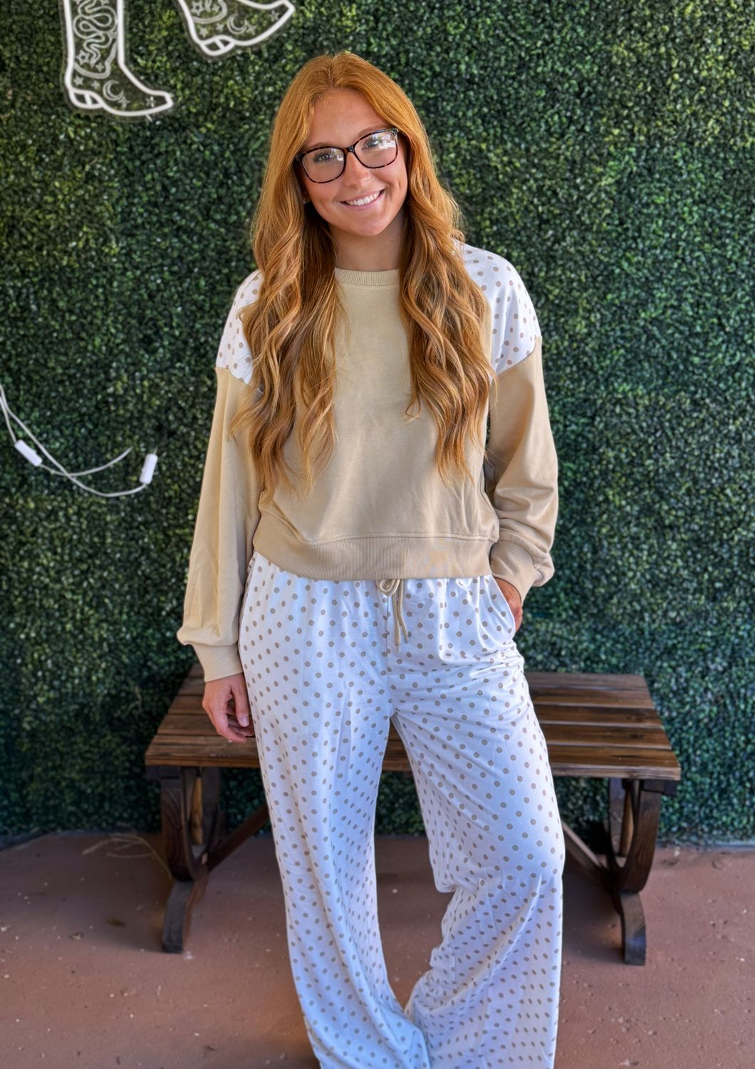 Polka Dot Patchwork Long Sleeve Casual Two Piece Set, Size: Small