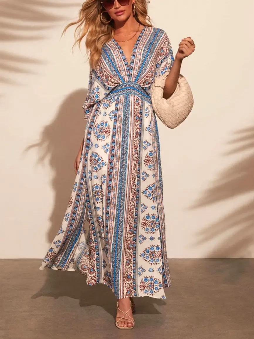 Bohemia Resort Unique Printed Slit Maxi Dress, Size: Small