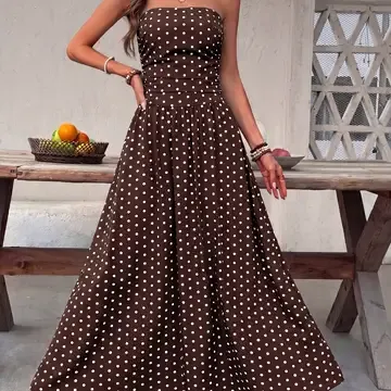 Classic Retro Polka Dot Strapless Elegant Gown Dress, Size: Small