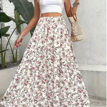 Floral Print Bohemian Style Pleated Maxi Skirt