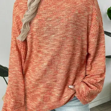 Puff Sleeve Crewneck Multicolor Waffle Pullover Top, Color: Orange, Size: Small