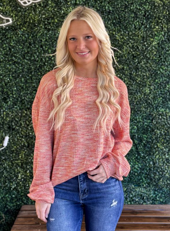 Puff Sleeve Crewneck Multicolor Waffle Pullover Top